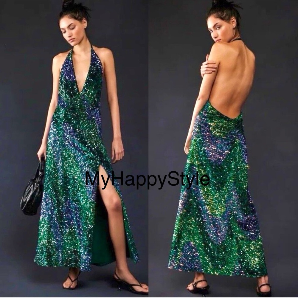 FREE PEOPLE Glitter & Gold Halter Sequin Midi Dress NEW Size S Green - Picture 3 of 15